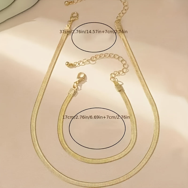 2-Piece Sexy Simple 18K Gold Plated Flat Snake Chain Necklace and Bracelet Set Women's, Mosaic Free, Alloy Material, Suitable for Daily Wear
