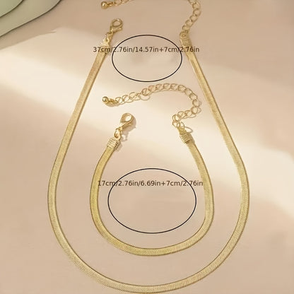 2-Piece Sexy Simple 18K Gold Plated Flat Snake Chain Necklace and Bracelet Set Women's, Mosaic Free, Alloy Material, Suitable for Daily Wear
