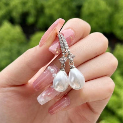 Charming Ladies Pearl Pendant 925 Silver Plated Zirconia Pendant Earrings for Girls, Brides Romantic Engagement Jewelry, Anniversary Gifts