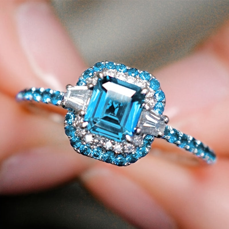 Vintage Square Aquamarine Blue Synthetic Gemstone Ring - Deluxe 4-claw setting with sparkling embellishments, perfect for engagements, weddings, parties and special occasions, copper, perfect for all seasons