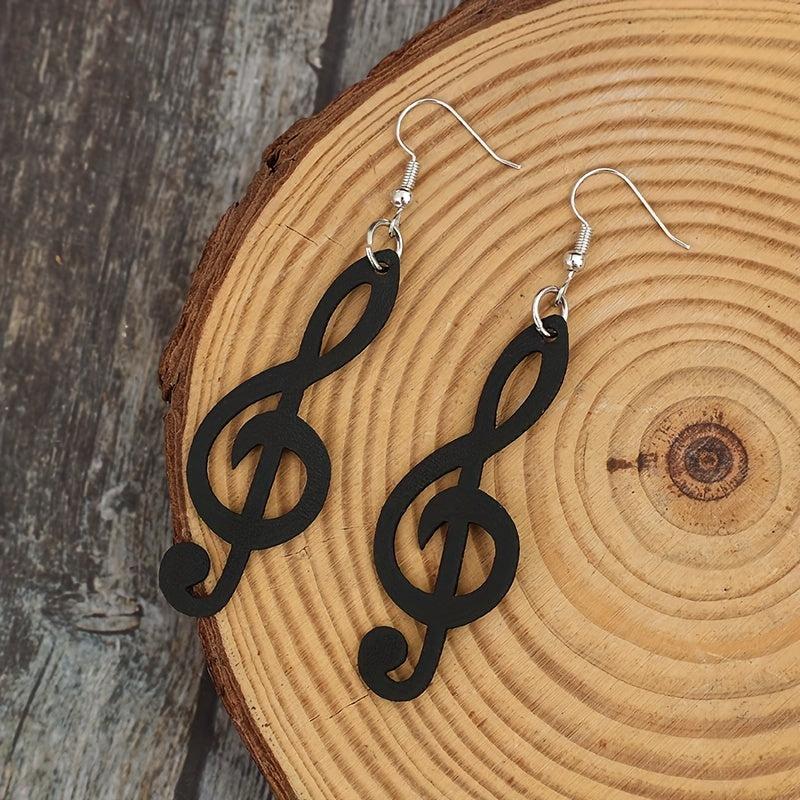 Black PU leather music note earrings - retro style treble key hook earrings for ladies, perfect for parties, music festivals and Halloween, funky earrings