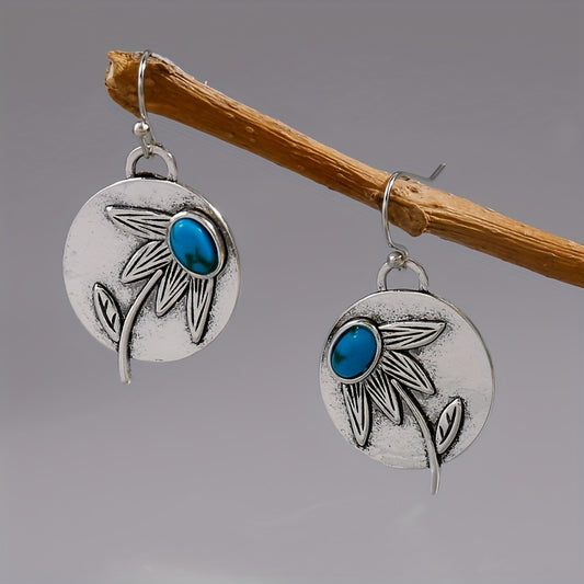 Vintage disc turquoise pendant earrings silver plated ethnic style earrings vintage and unique feminine decoration