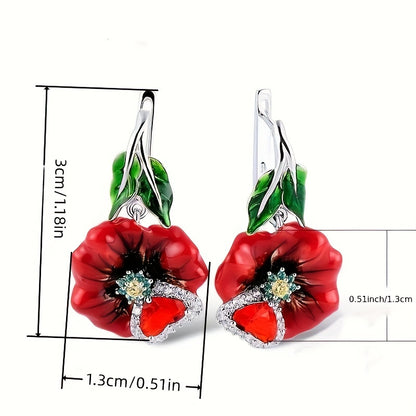Women's red flower zircon drop earrings, romantic wedding party jewelry