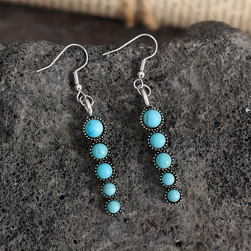 Bohemian Turquoise and Silver Plated Pendant Earrings - Vintage Style, Zinc Alloy with Iron Stud Earrings for Casual Wear, Cross Border, Round, Agate