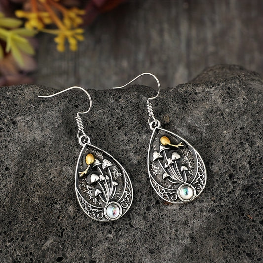 A pair of retro moonstone teardrop mushroom stud earrings, fashionable alloy drip earrings, with artificial analog gemstones and iron ear needles, suitable for women, suitable for over 15 years old