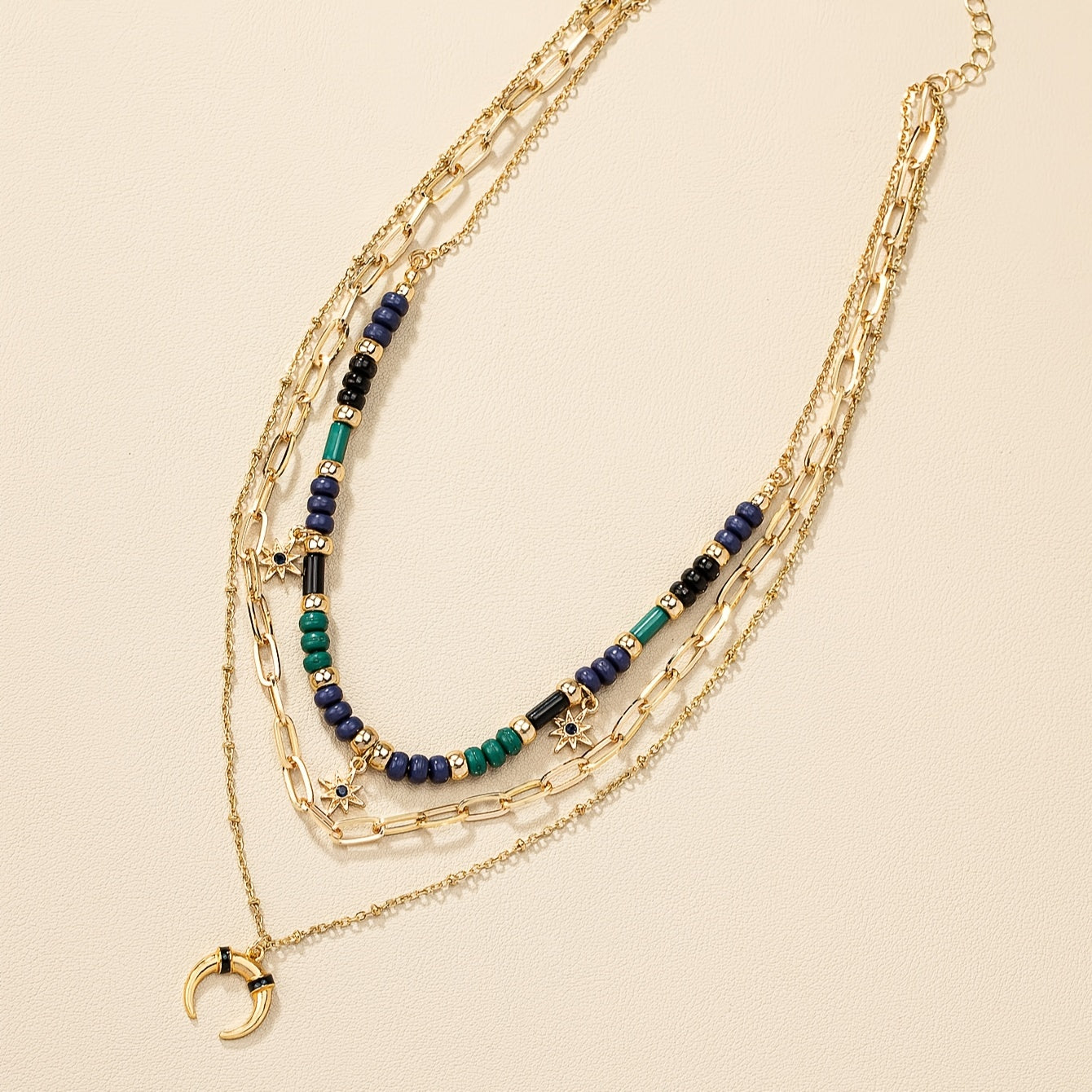 Vintage Bohemian Wind Beaded Horns Star Moon Triple Necklace Ramadan Eid al-Fitr