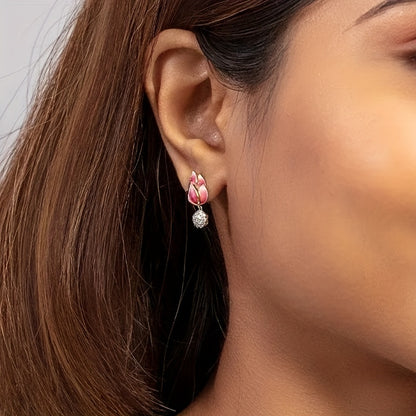 Ladies Elegant Flower Stud Earrings - Synthetic Zirconia Pendant, Nickel Copper, Enamel Pink Lotus Design, April Birthstone, Valentine's Day Gift, Perfect for Everyday and Party Occasions - A Pair