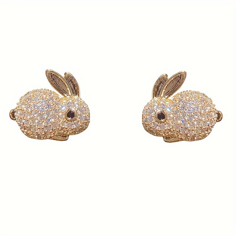 Cute Rabbit Stud Earrings, Copper Jewelry, Small Zirconia Inlay, Fashionable and Casual Style, Women's Daily Dating Earrings