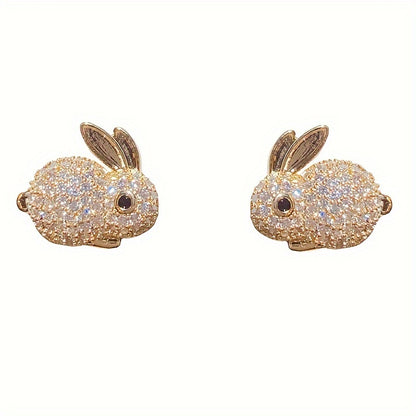 Cute Rabbit Stud Earrings, Copper Jewelry, Small Zirconia Inlay, Fashionable and Casual Style, Women's Daily Dating Earrings
