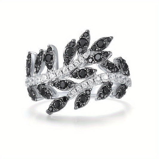 Retro-style black synthetic gemstone ring with floral and leaf patterns - perfect for Casual Attire, parties and gifts