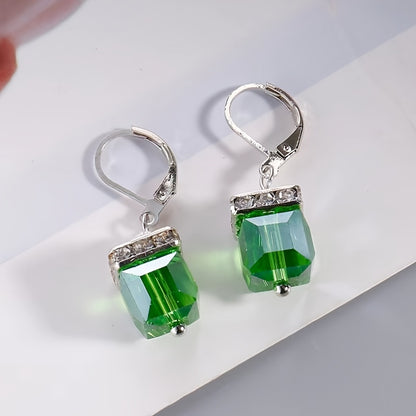 Stylish Silver Set Green Gemstone Hanging Earrings Women's Shiny Zirconia Hook Hanging Earrings Wedding Jewelry