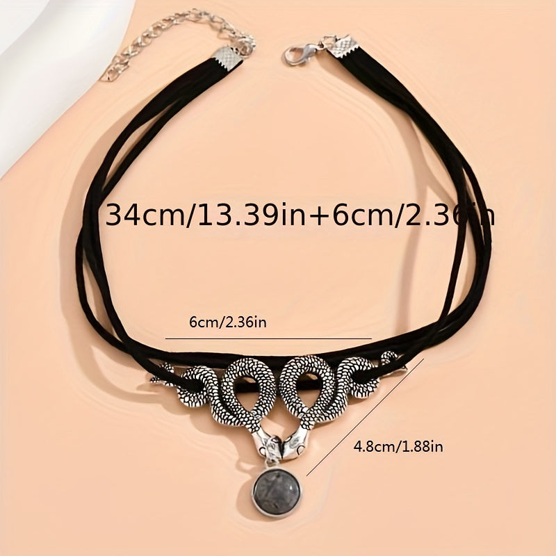 Double Snake Moonstone Necklace Short Velvet with Clavicle Chain