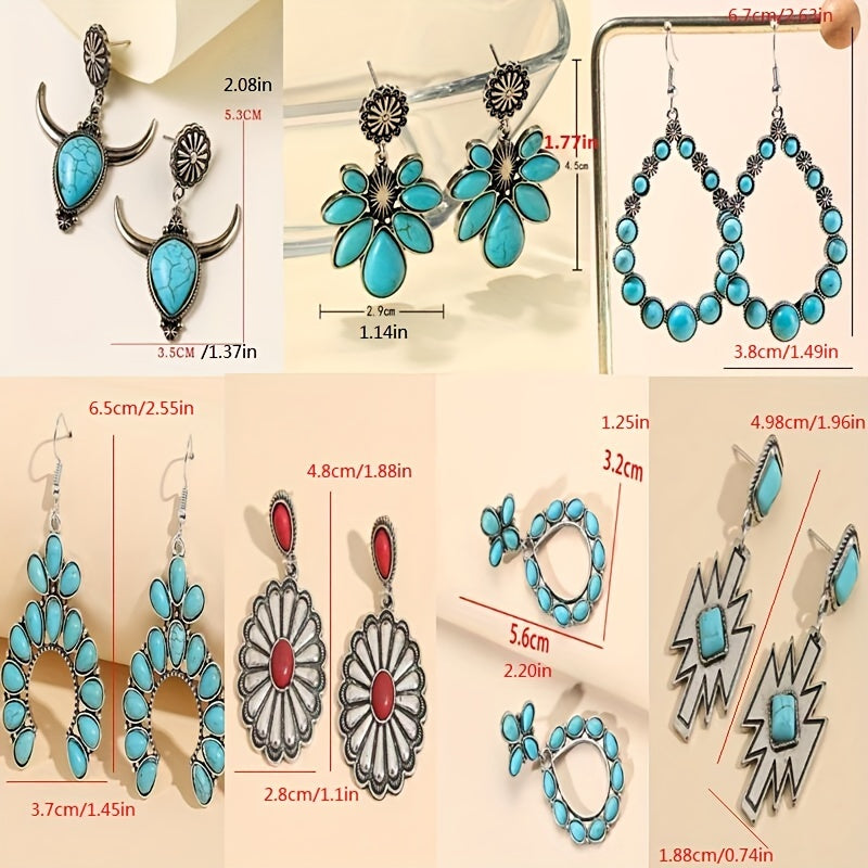 Ladies Bohemian Western Geometric Turquoise Earrings Vintage Pendant Earrings