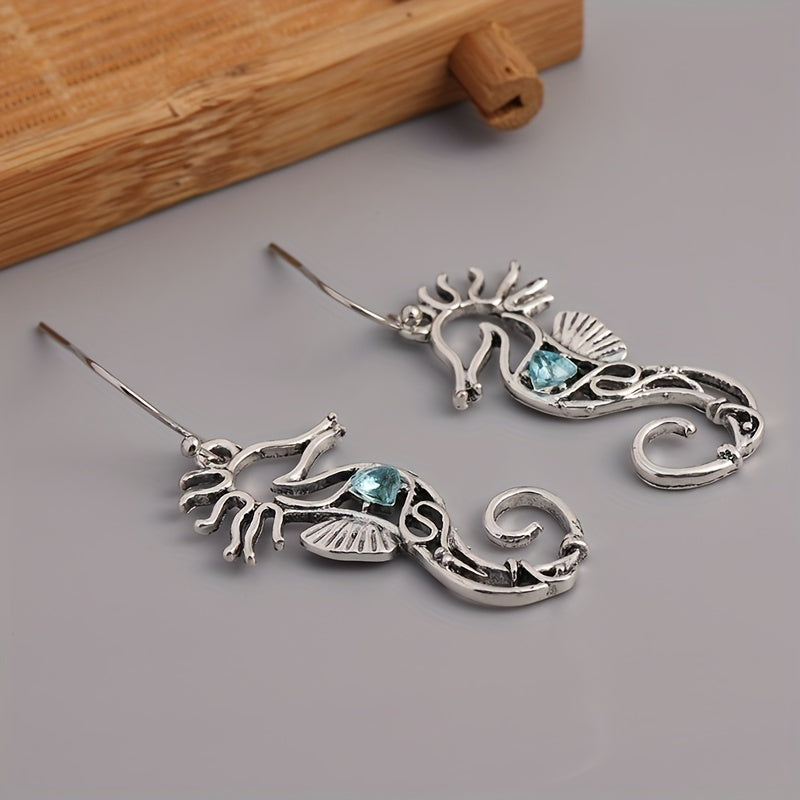 Ocean Blue Stone Hook Drop Earrings with Seahorse Animal Vintage Metal Design Ladies