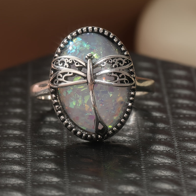 Vintage Bohemian Female Dragonfly Ring with Copper Base and Synthetic Opal, 925 Silver Plated - Perfect for Christmas, Seasons, Everyday Wear and Gifts
