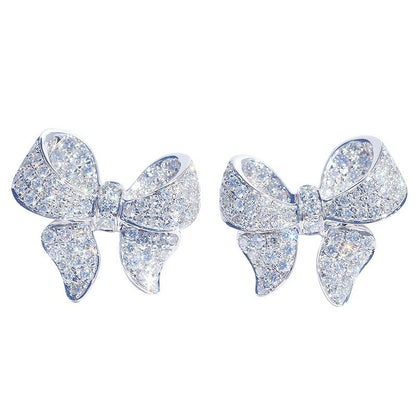 Shiny bow-shaped stud earrings inlaid with shiny zircon elegant copper earrings decorated with sweet daily jewelry