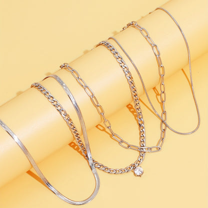 4 pieces European and American fashion stainless steel chain zircon pendant layered necklace set neutral style accessories