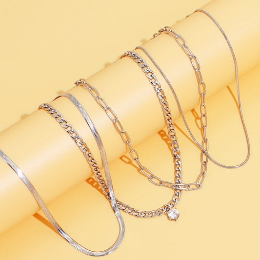 4 pieces European and American fashion stainless steel chain zircon pendant layered necklace set neutral style accessories