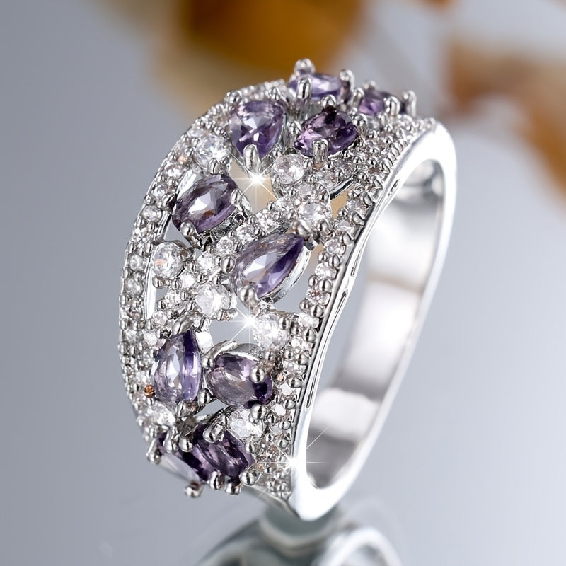 Elegant Bohemian Women's Broadband Ring - Luxurious skeleton design with sparkling purple and transparent square crystal Zirconia, perfect for engagements, weddings and parties, engagement rings | Elegant Jewelry | Sparkling Gemstones