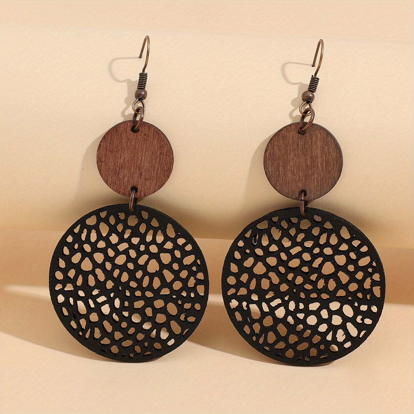 Hollow Round Pendant Earrings, Bohemian Vintage Wooden Leather Earrings, Jewelry, Ladies Gift Accessories, Fall/Winter Earrings