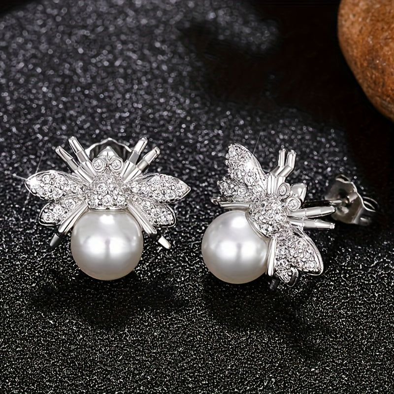 Bee pattern inlaid with shiny zircon imitation pearl stud earrings, elegant and lovely temperament, copper and silver plating material, creative women's gift