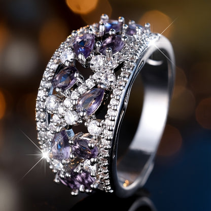 Elegant Bohemian Women's Broadband Ring - Luxurious skeleton design with sparkling purple and transparent square crystal Zirconia, perfect for engagements, weddings and parties, engagement rings | Elegant Jewelry | Sparkling Gemstones