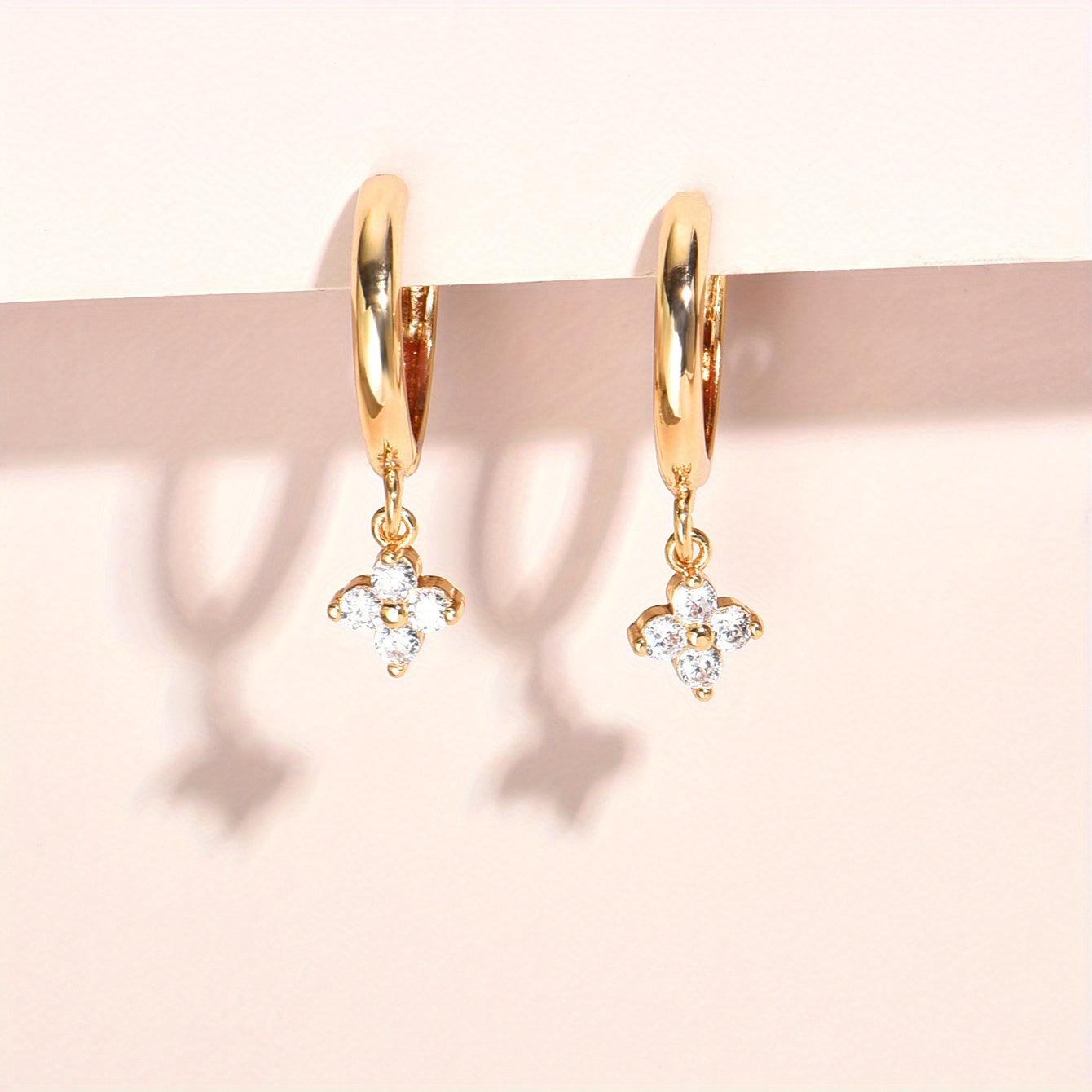 Elegant Cubic Zirconia Flower Pendant Earrings - Ladies Hypoallergenic Copper, 14K Gold Plated, Perfect Gift for Any Occasion