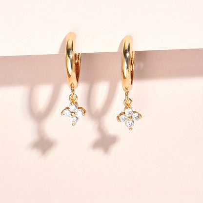 Elegant Cubic Zirconia Flower Pendant Earrings - Ladies Hypoallergenic Copper, 14K Gold Plated, Perfect Gift for Any Occasion