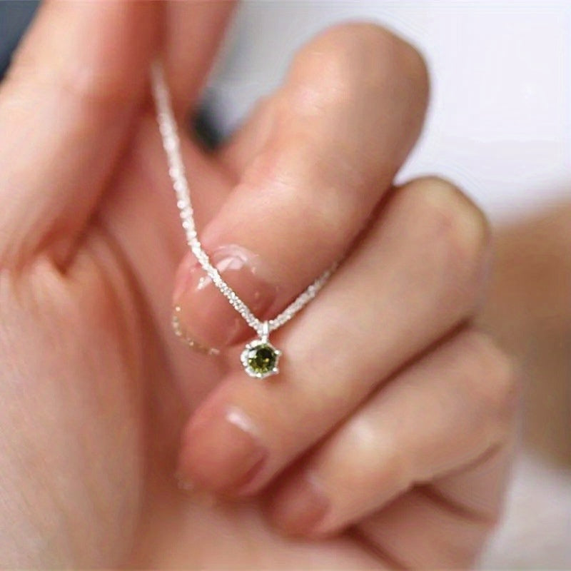 Ladies Olive Green Gemstone Single Stone 925 Silver Plated Necklace Women's Wedding Bridal Jewelry