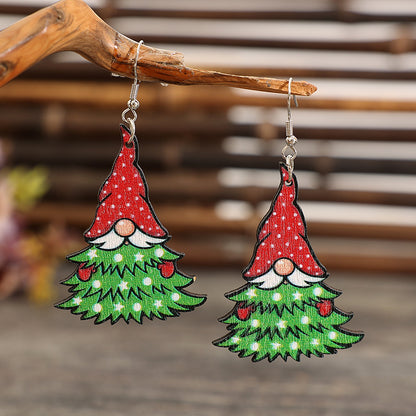 Creative Christmas Tree Design Santa Pattern Pendant Earrings Vintage Party Style Wooden Jewelry Cute Christmas Earrings