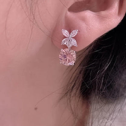 Elegant Pink Cubic Zirconia Flower Pendant Earrings - Nickel Free Copper for Everyday Wear and Parties
