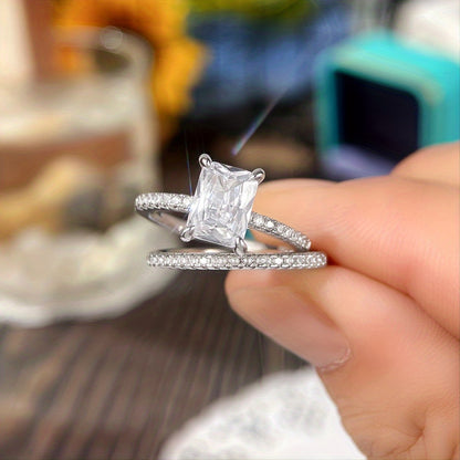 2 Pieces/Set Ladies Wedding Ring Square Cut White Sapphire Silver Plated Ring Proposal Gift (No Box)