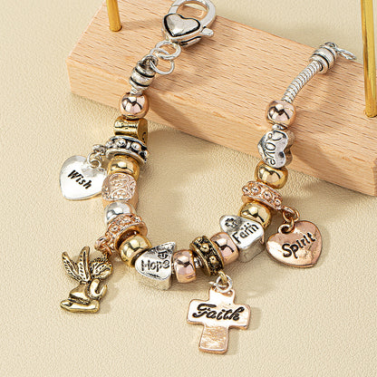 Snake chain beaded bracelet cross and heart shape pendant sweet alloy bracelet ladies