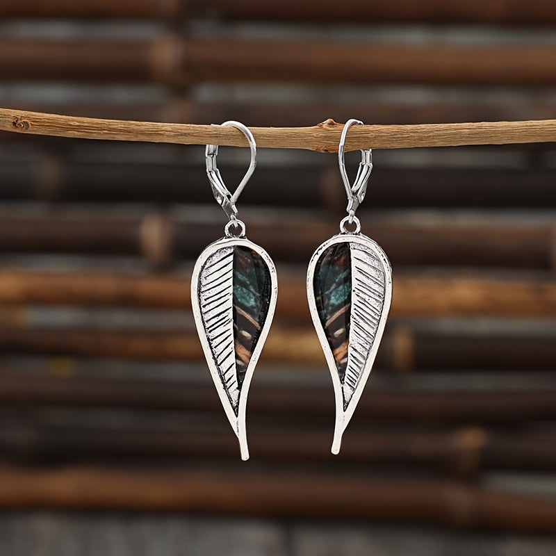 Antique Leaf Design Pendant Earrings, Bohemian Resort Style, Silver Plated Jewelry, Tourist Souvenirs