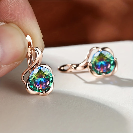 Flower-shaped British lock earrings with round shiny Zirconia, sweet copper earrings