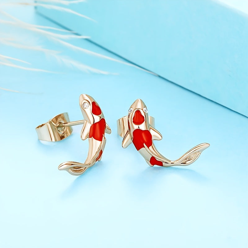 Ladies' elegant red koi fish stud earrings, chic minimalist style animal earrings, suitable for daily wear