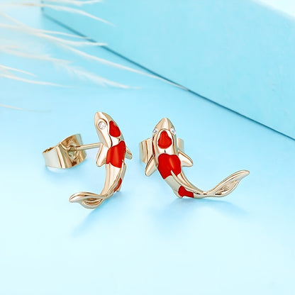 Ladies' elegant red koi fish stud earrings, chic minimalist style animal earrings, suitable for daily wear