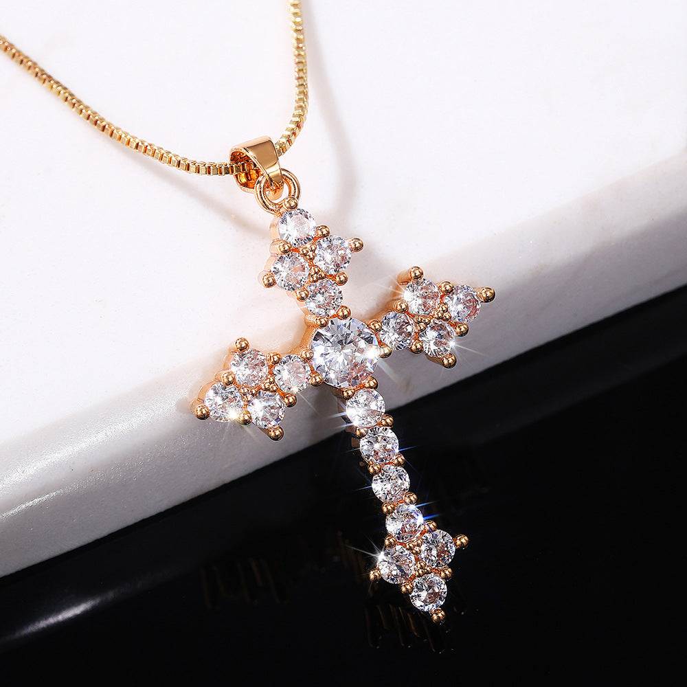 Delicate cross pendant necklace set with round shiny zircon, lucky adjustable collarbone chain