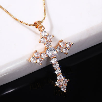 Delicate cross pendant necklace set with round shiny zircon, lucky adjustable collarbone chain