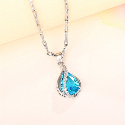 Delicate 925 Silver Plated Teardrop Cut Aquamarine Gemstone Pendant Necklace Ladies Wedding Anniversary Prom Gift