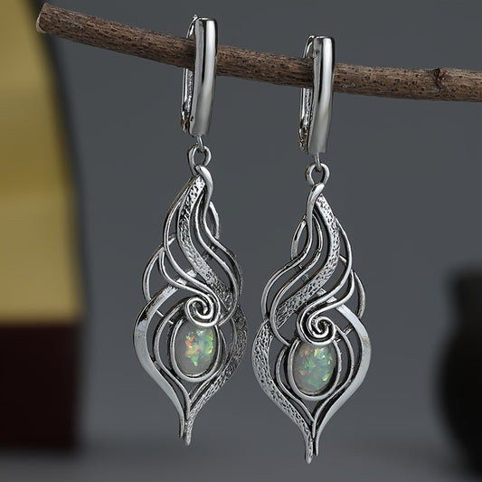 Bohemian Blue Opal Pendant Earrings - Vintage Silver Plated, Zinc Alloy with Copper Studs, Perfect Gift for Ladies