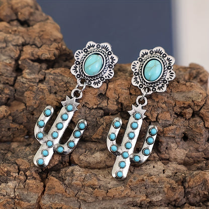 Ladies Fancy Cactus Design Antique Copper Turquoise Earrings Western Exaggerated Pendant Earrings