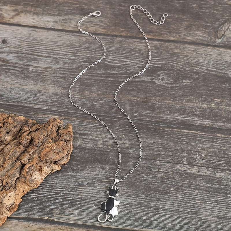 Black and white kitten cat pendant necklace ladies