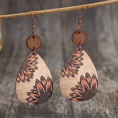 Droplet Sunflower Print Pendant Earrings Vintage Bohemian Wooden Jewelry Fashion Women's Earrings