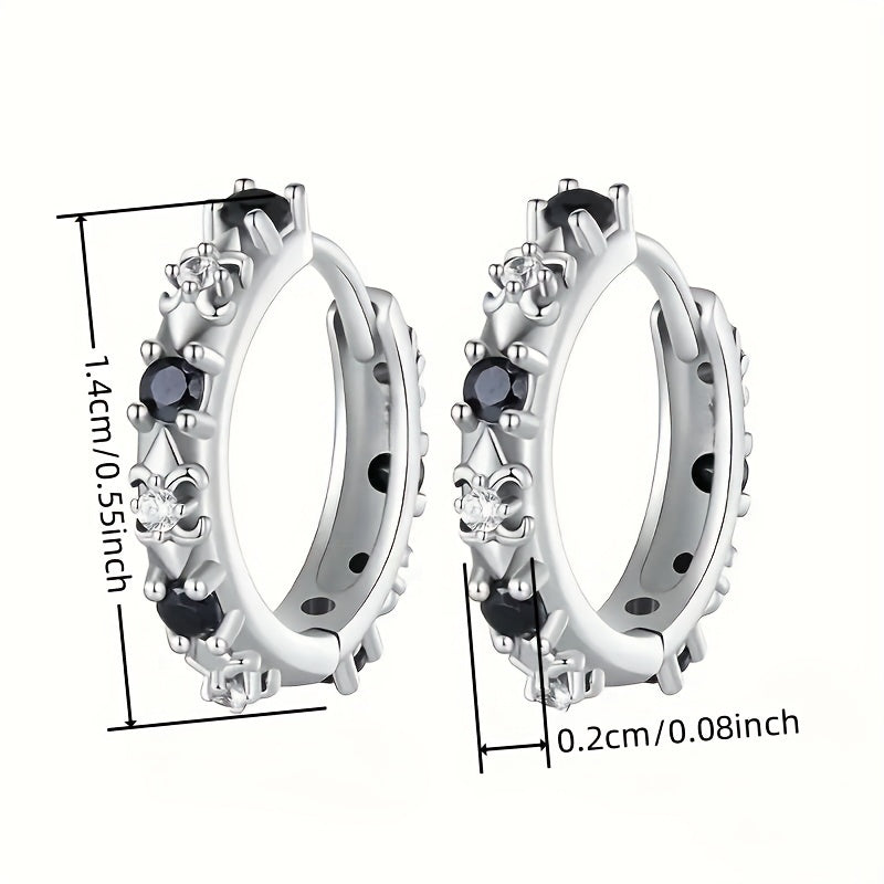 A pair of elegant Women's round earrings with black cubic Zirconia gemstones, simple and lovely style, silver round earrings for parties, banquets and everyday casual accessories