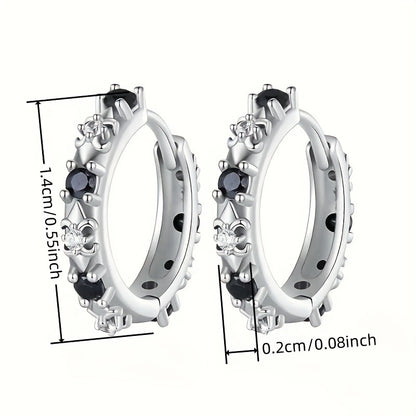 A pair of elegant Women's round earrings with black cubic Zirconia gemstones, simple and lovely style, silver round earrings for parties, banquets and everyday casual accessories