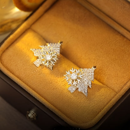 Elegant and luxurious Christmas tree snowflake stud earrings, fully paved with cubic Zirconia, cute holiday jewelry gifts, suitable for women and girls