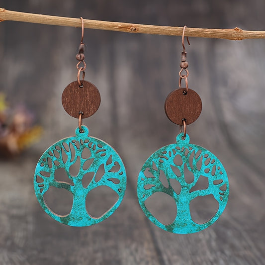 Vintage hollow tree-shaped wooden pendant earrings - nickel-free copper stud earrings, suitable for casual decoration
