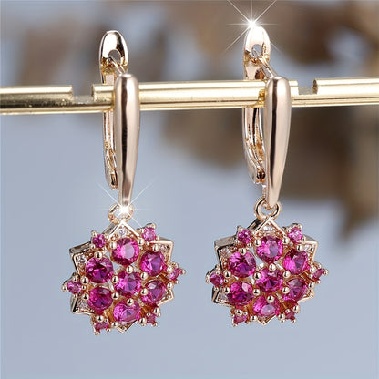 Ladies Elegant Vintage Sunflower Pendant Earrings - Luxury Copper with Cubic Zirconia for Weddings and Parties