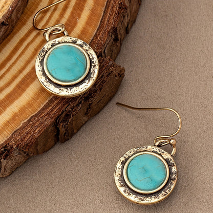 Vintage round turquoise inlaid pendant earrings retro simple style zinc alloy jewelry daily leisure